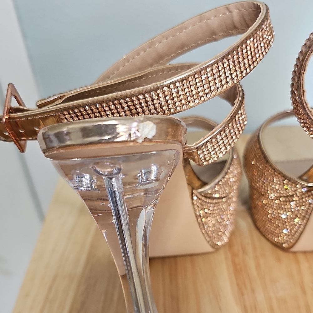 SHEIN Rose Gold Rhinestone Strap Block Heels - Picture 4 of 5